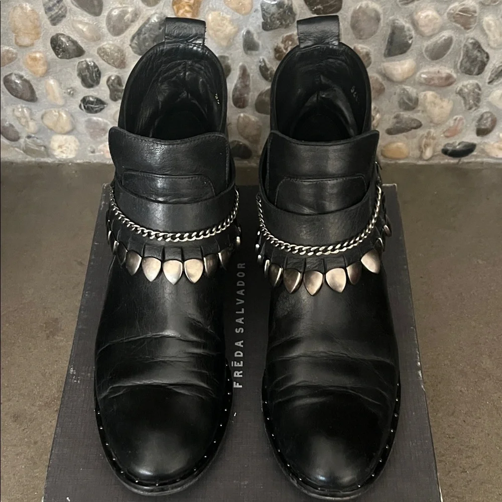 Freda Salvador Black Leather Ankle Boots with Silver Chain & Teardrop Accents - Picture 2 of 6